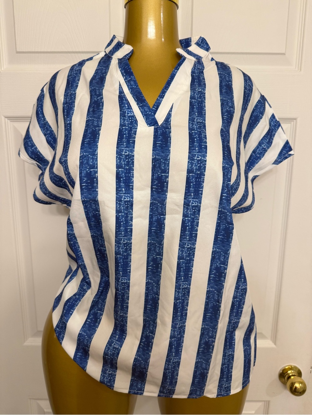 Striped Blue and White Men's V-Neck Shirt